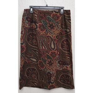 Briggs New York Brown Green Paisley Print A Line Midi Skirt 14 Lightweight